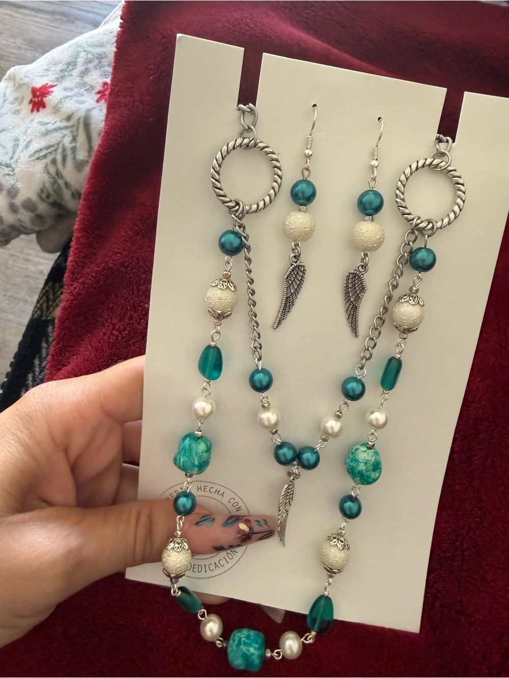 Handmade Teal Beaded Necklace and Earring Set with Silver Accents